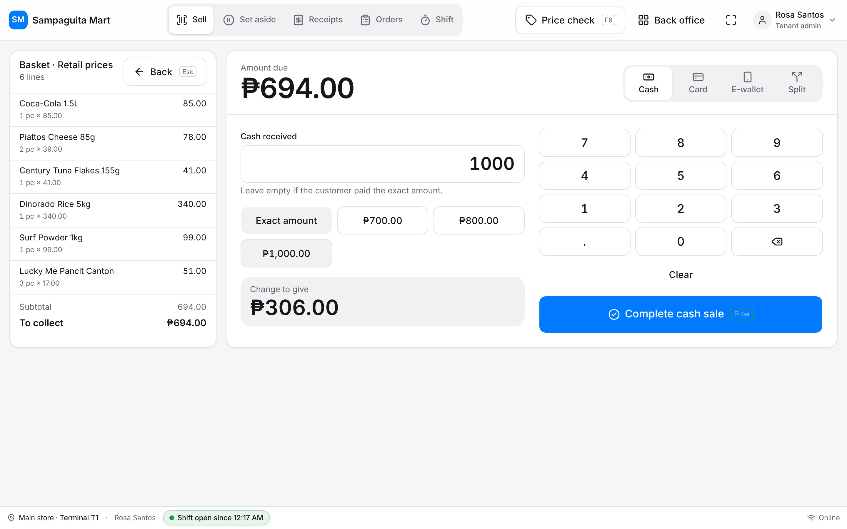 The Pay screen with cash tendered and change to give